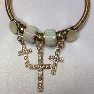 Gold Stretch Bracelet w/ Rhinestone Crosses